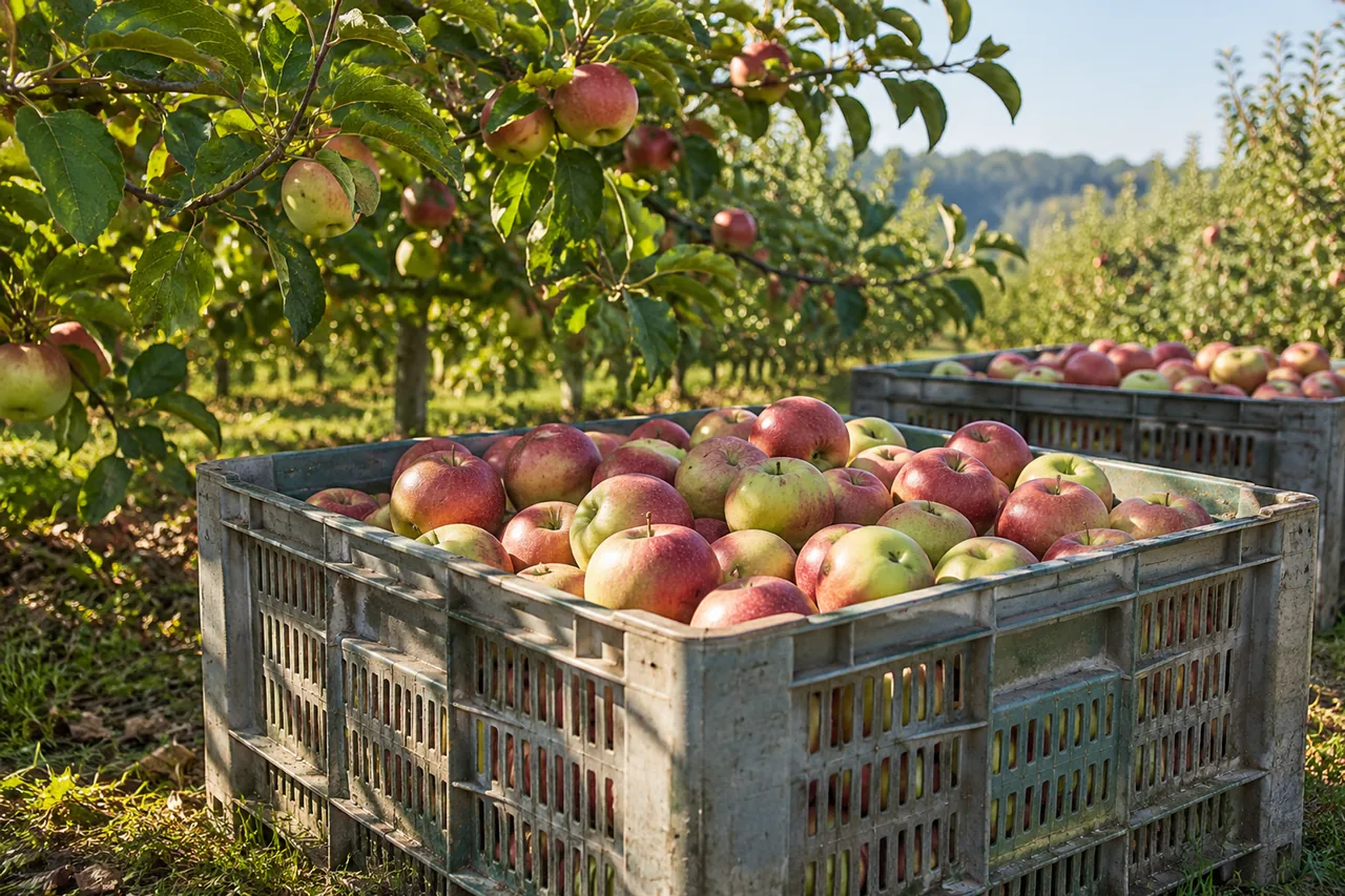 Trabajadores cosechando manzanas en un huerto