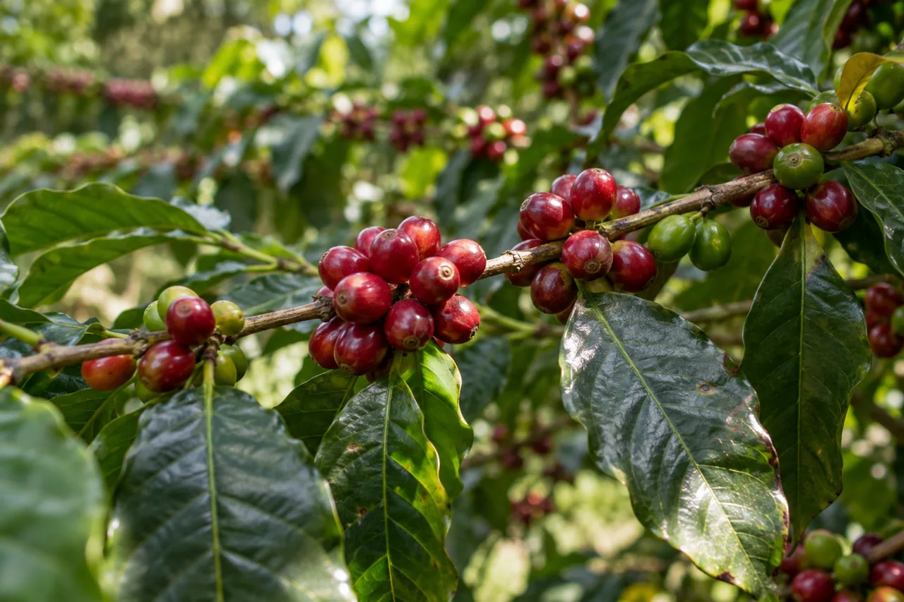 Cerezas de café maduras y verdes en la rama