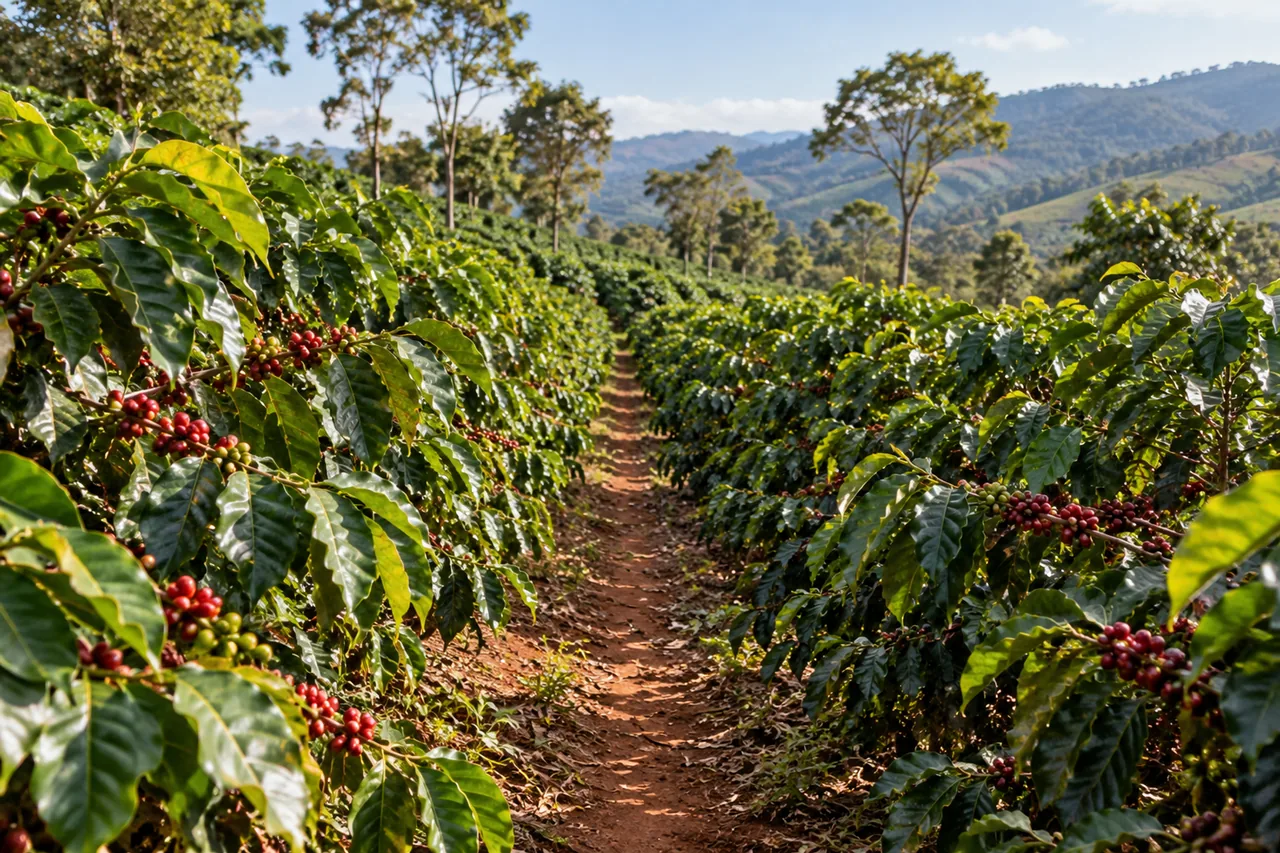 Hileras de cafetos en una ladera
