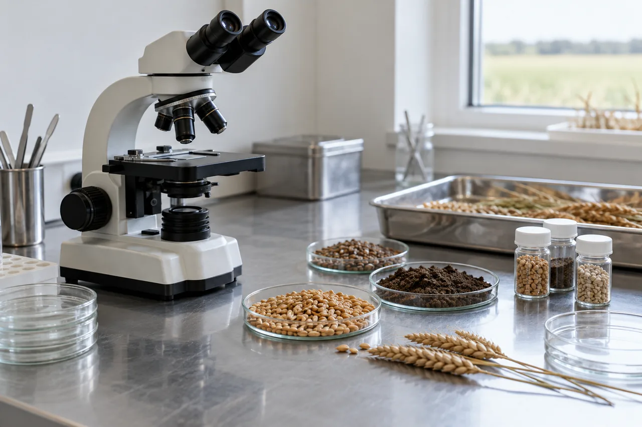 Una mesa de laboratorio con un microscopio