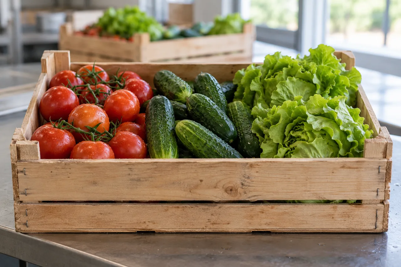 Eine Kiste mit frischem Obst und Gemüse
