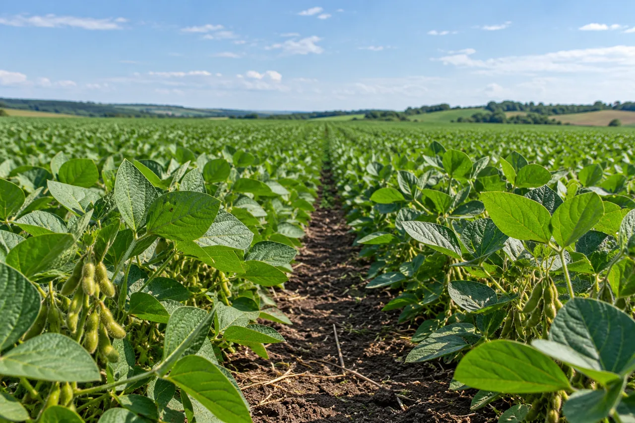 Des rangs de soja sous un ciel dégagé